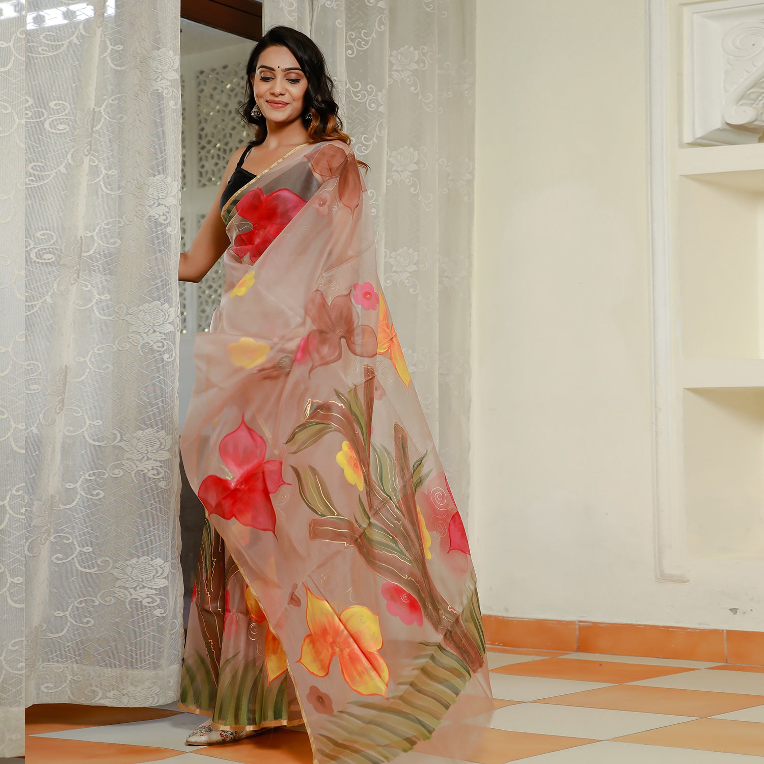 Pure Organza Saree Online with Embroidery Rose Pink Color