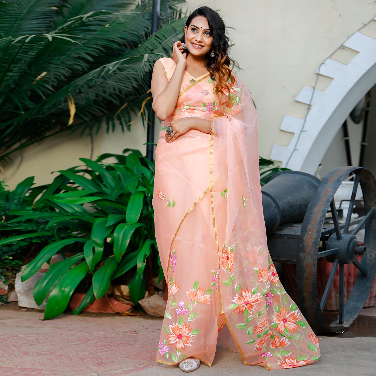 Powder Peach Organza Saree With Resham Border - Palki Boutique